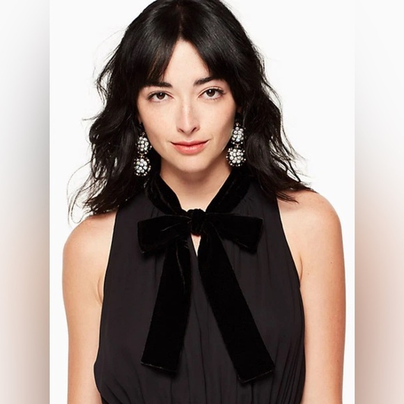 KATE SPADE Black Velvet Trim Bow Tie Neckline Wide Crop Pants Jumpsuit 0 - Picture 6 of 14